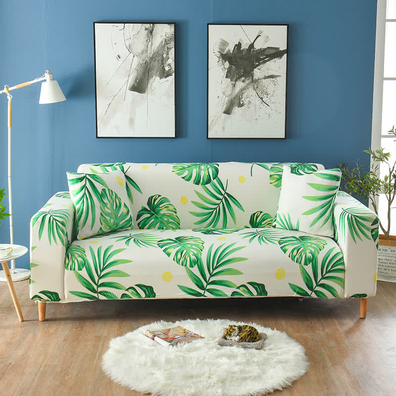 Housse de canapé extensible à motif de feuilles tropicales - Taies d'oreiller 45cm x 45cm - image 1
