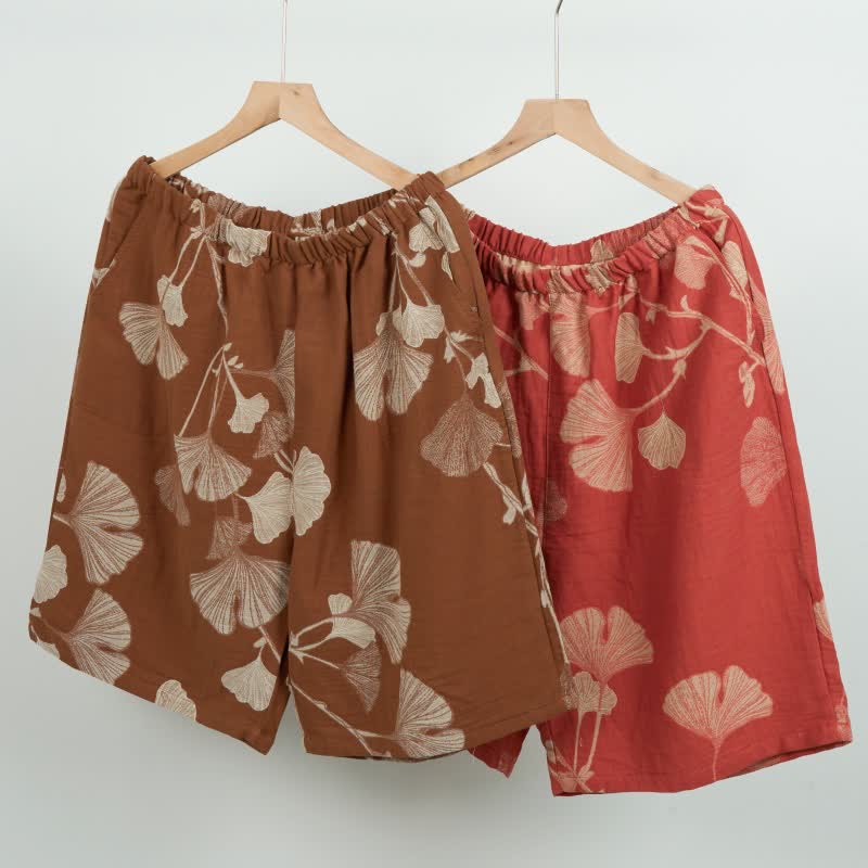 Short de pyjama en coton jacquard avec feuilles de ginkgo - image 1
