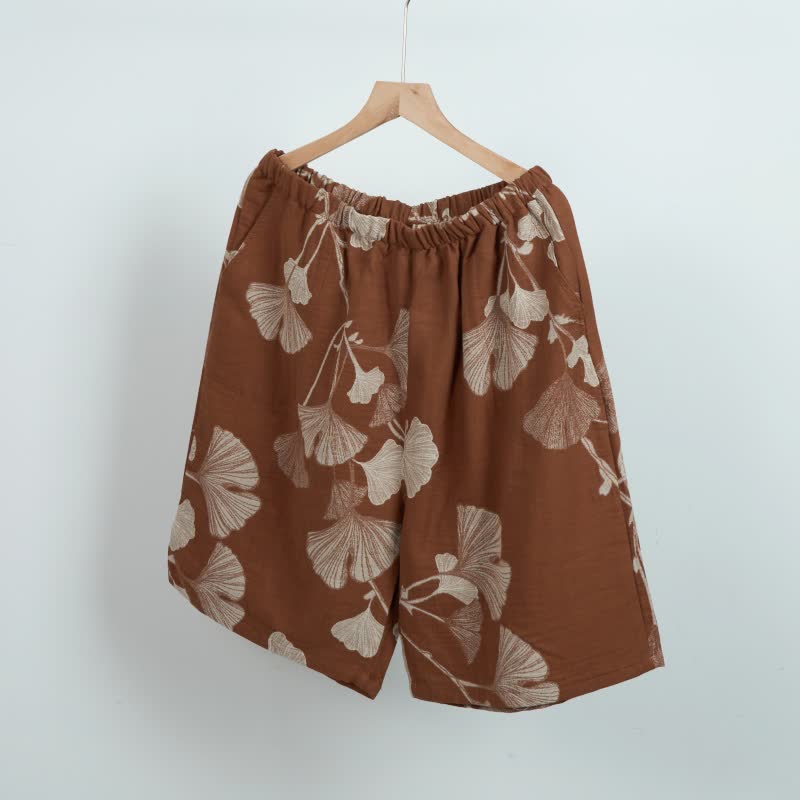 Short de pyjama en coton jacquard avec feuilles de ginkgo - Brun - XL - image 4