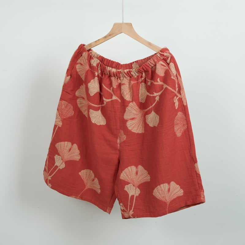 Short de pyjama en coton jacquard à motifs de feuilles de ginkgo - Orange - XL - image 0