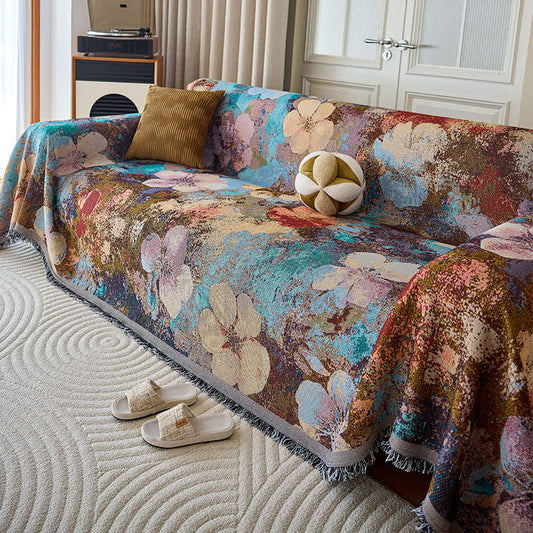 Couverture de canapé avec motif floral vintage et pompon - 180cm x 340cm - image 1