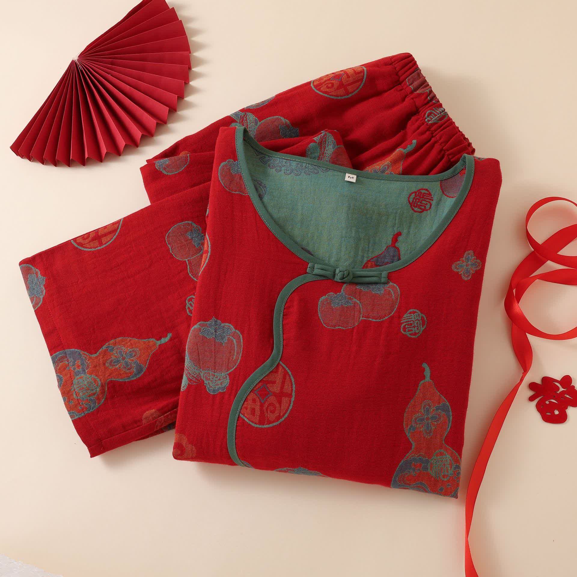 Vêtements de nuit en coton de style oriental avec motif citrouille et kaki - image 2
