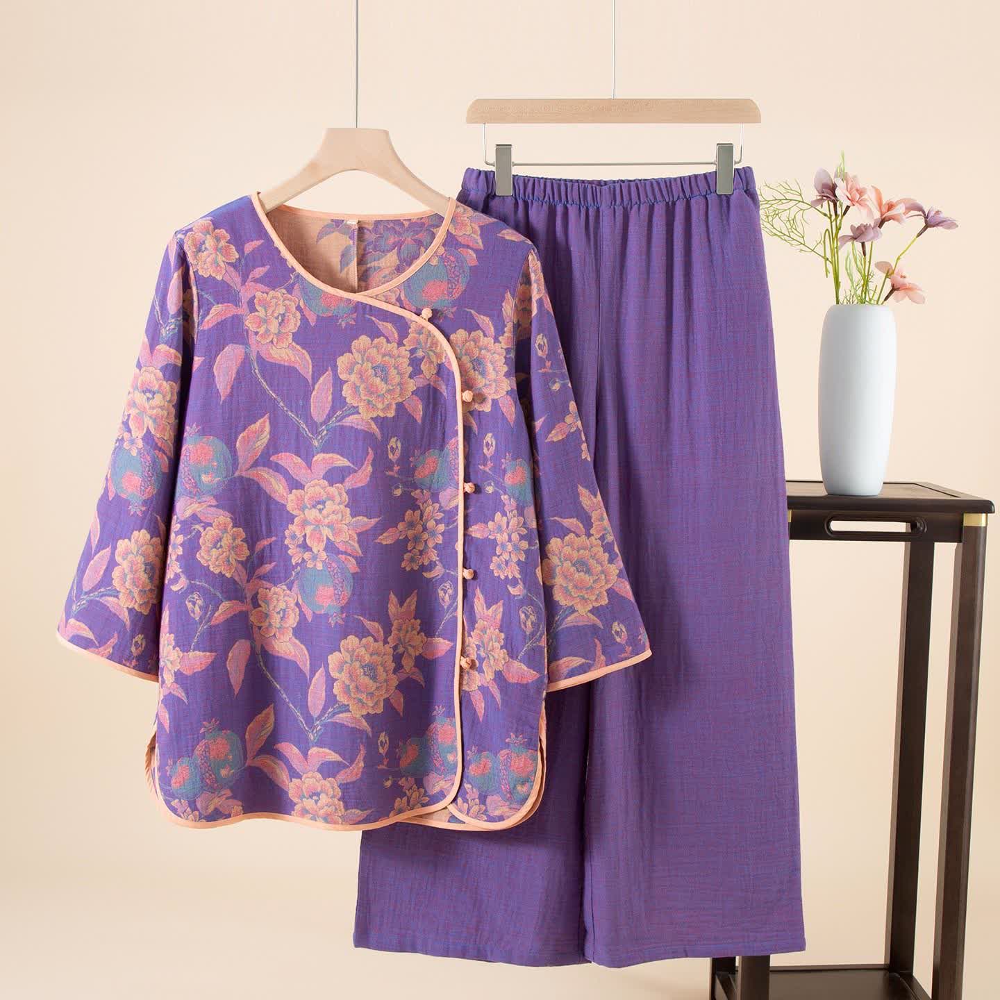 Vêtements de nuit en coton de style oriental avec pivoine et grenade - XL - image 0