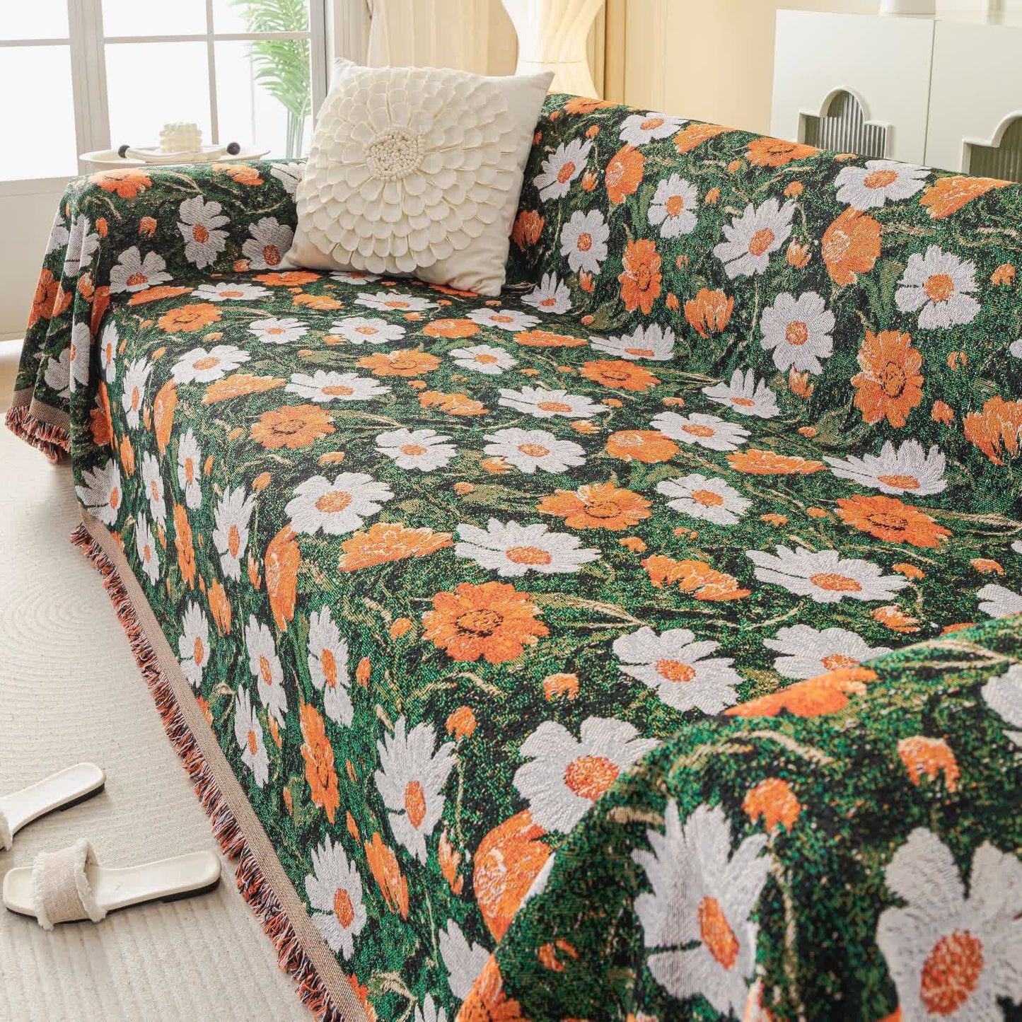 Jeté de canapé en chenille avec motif jacquard marguerite - 180cm x 340cm - image 1
