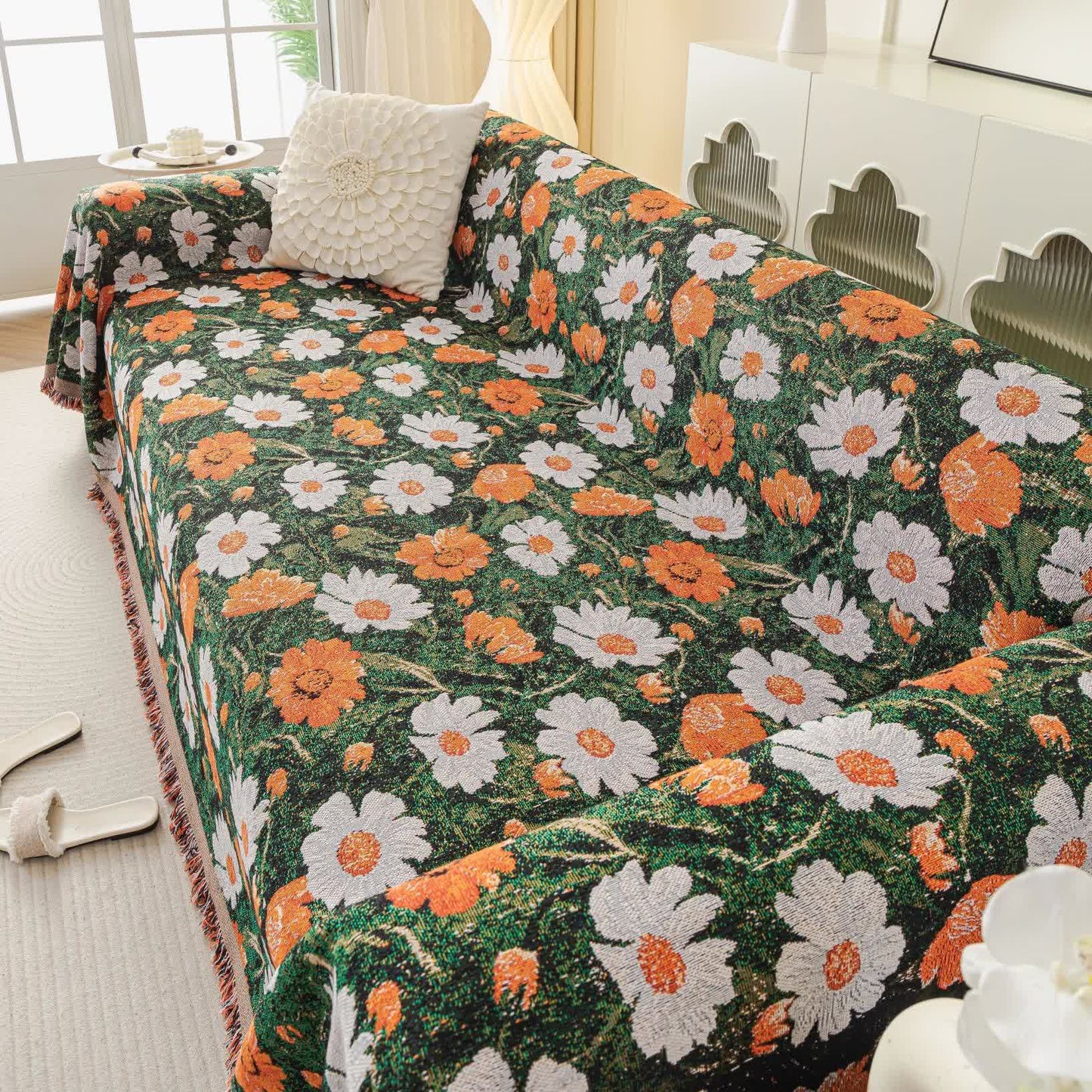 Jeté de canapé en chenille avec motif jacquard marguerite - image 3