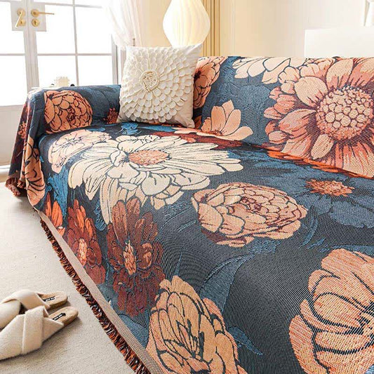 Jeté de canapé en chenille jacquard effet camélia - 180cm x 340cm - image 1