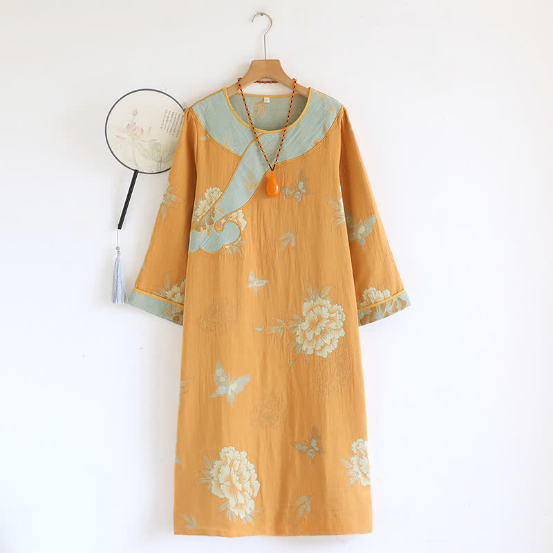 Chemise de nuit ample en gaze de coton à motif pivoine jaune - image 0