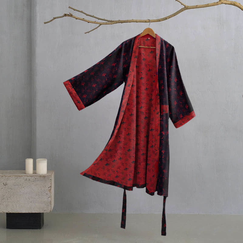 Peignoir kimono bicolore en gaze de coton ginkgo - Noir et rouge - 2XL - image 2