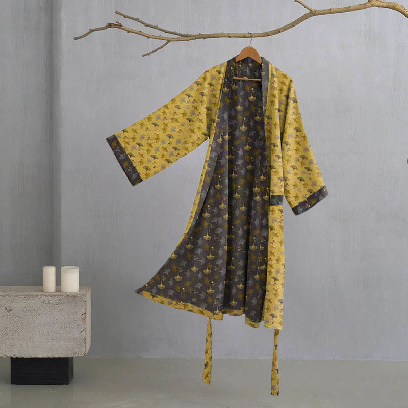 Peignoir kimono bicolore en gaze de coton ginkgo - Jaune et gris - XL - image 15