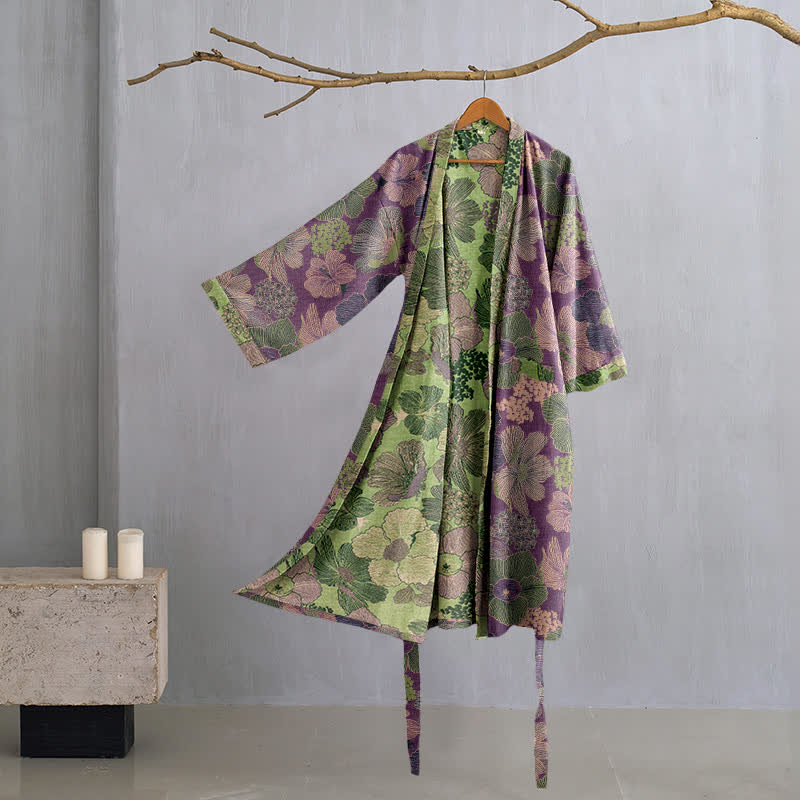 Peignoir kimono en gaze de coton fleur de pêcher - Violet - 2XL - image 0