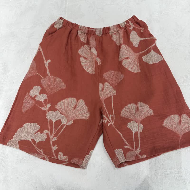 Short de pyjama en coton jacquard à motifs de feuilles de ginkgo - image 3