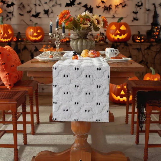 Chemin de table brodé fantôme en peluche d'Halloween - Blanc - 35 cm x 330 cm - image 1