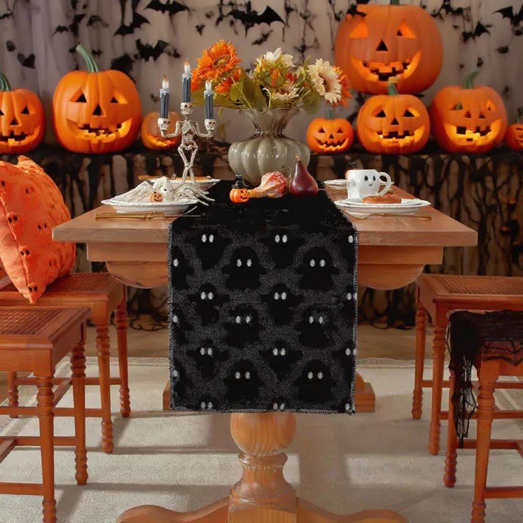 Chemin de table brodé fantôme en peluche d'Halloween - Noir - 35 cm x 330 cm - image 8