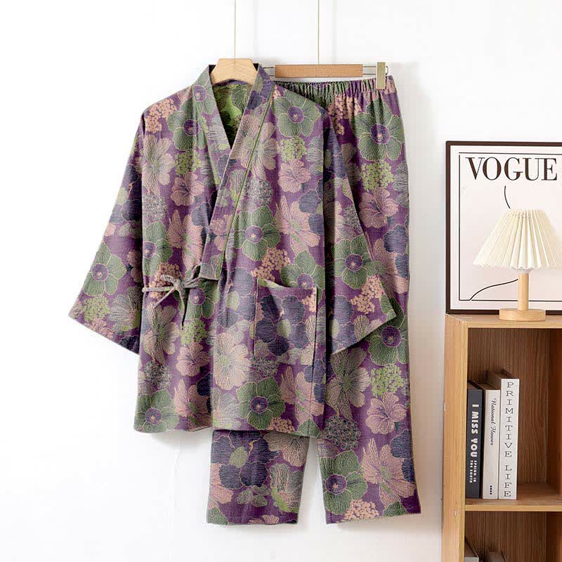Ensemble de vêtements d'intérieur style kimono à imprimé fleur de pêcher - Violet - XL - image 5