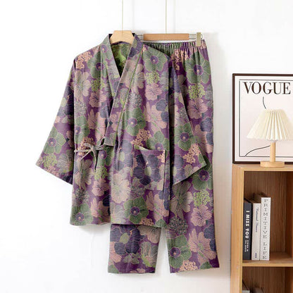 Ensemble de vêtements d'intérieur style kimono à imprimé fleur de pêcher - Violet - XL - image 5