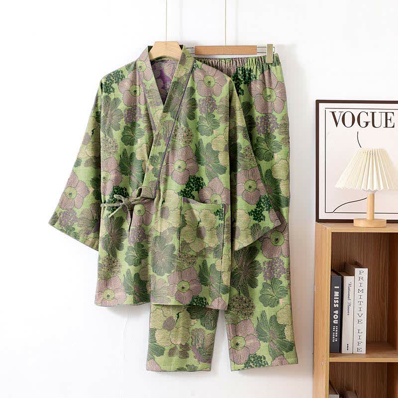 Ensemble de vêtements d'intérieur style kimono à imprimé fleur de pêcher - Vert - XL - image 2