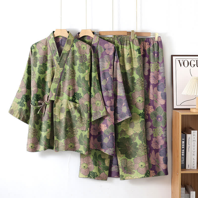 Ensemble de vêtements d'intérieur style kimono à imprimé fleur de pêcher - image 1