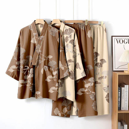 Grand pyjama kimono en coton avec feuilles de ginkgo - image 4