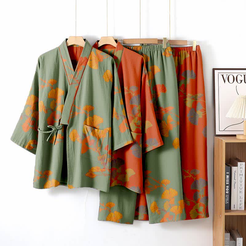 Grand pyjama kimono en coton avec feuilles de ginkgo - image 2