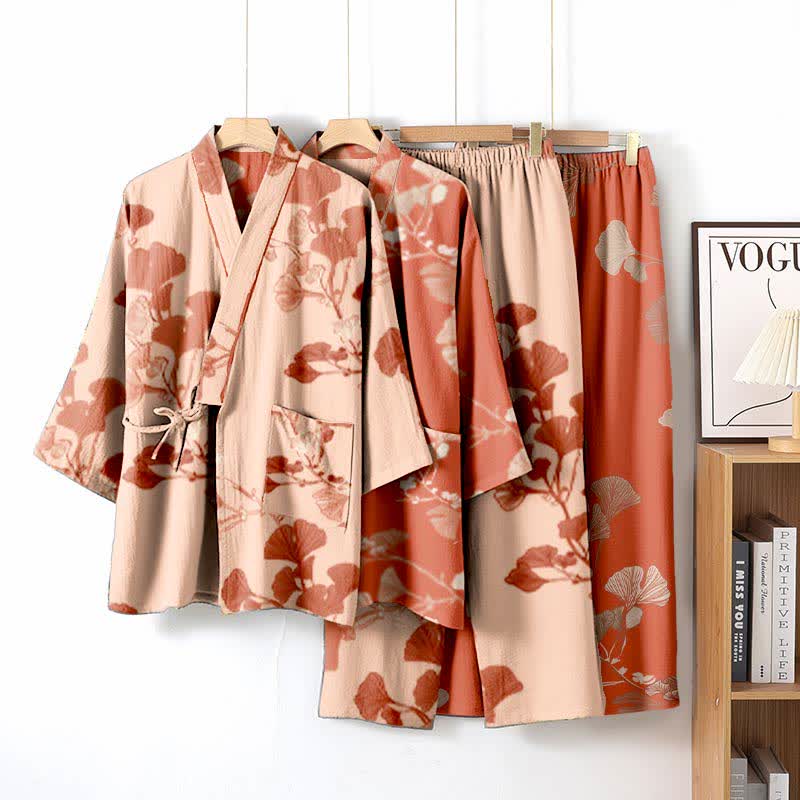 Grand pyjama kimono en coton avec feuilles de ginkgo - image 3
