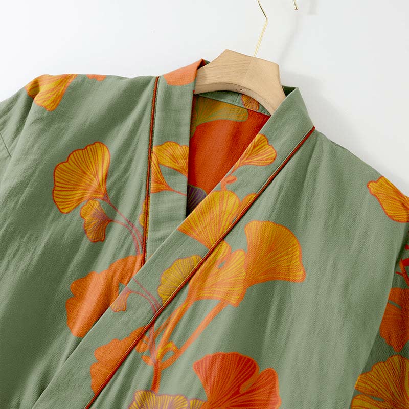 Grand pyjama kimono en coton avec feuilles de ginkgo - image 2