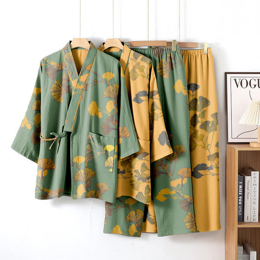 Grand pyjama kimono en coton avec feuilles de ginkgo - image 1