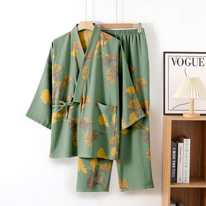 Grand pyjama kimono en coton avec feuilles de ginkgo - Vert et jaune - XL - image 5