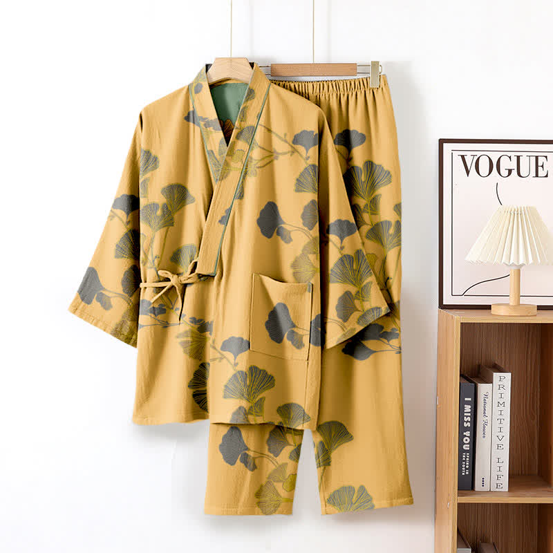 Grand pyjama kimono en coton avec feuilles de ginkgo - Jaune - XL - image 6