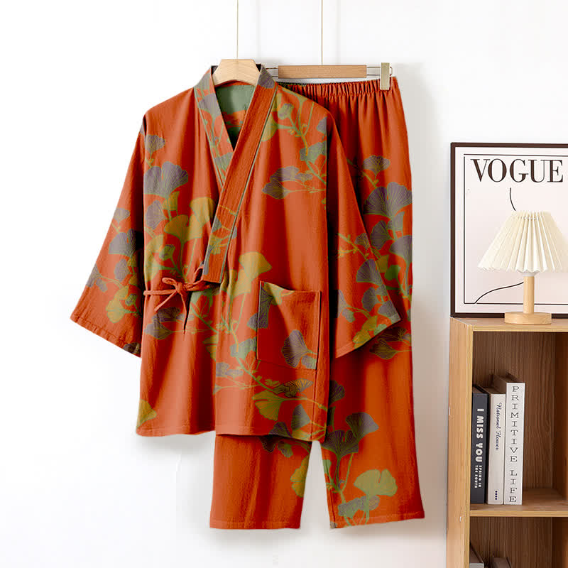 Grand pyjama kimono en coton avec feuilles de ginkgo - Orange - XL - image 10