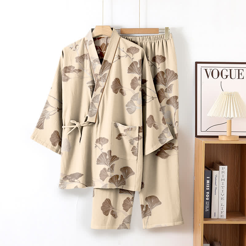 Grand pyjama kimono en coton avec feuilles de ginkgo - Beige - XL - image 13