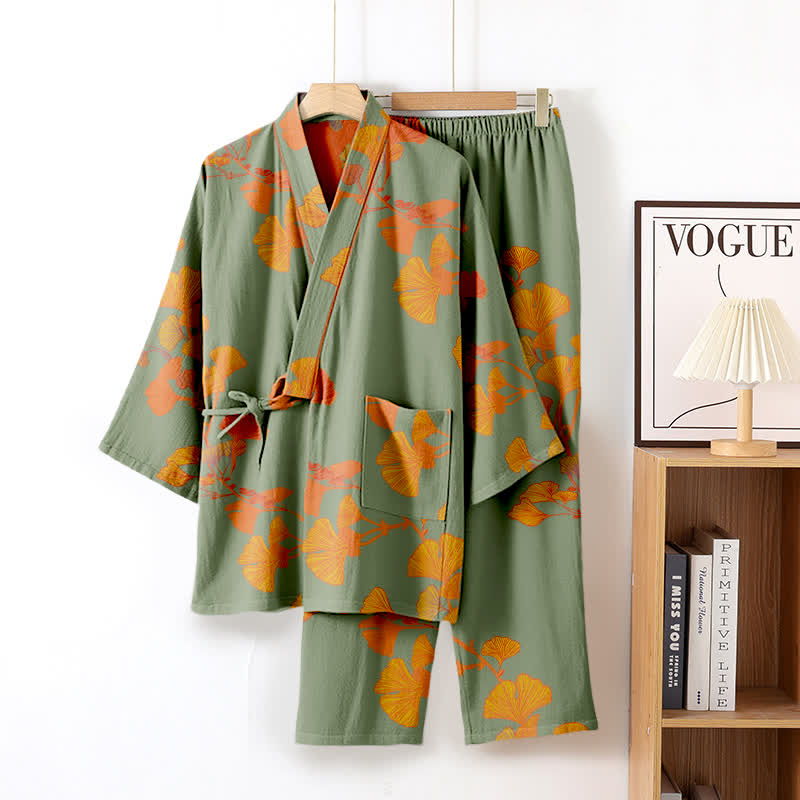 Grand pyjama kimono en coton avec feuilles de ginkgo - Vert et orange - XL - image 7