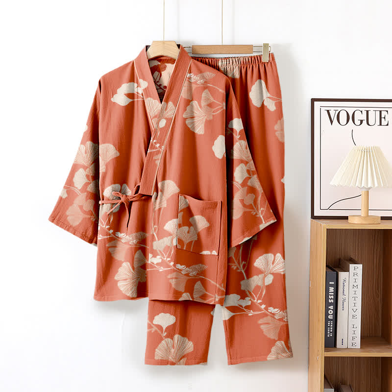 Grand pyjama kimono en coton avec feuilles de ginkgo - Rose - XL - image 11
