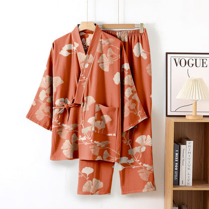 Grand pyjama kimono en coton avec feuilles de ginkgo - Rose - XL - image 11