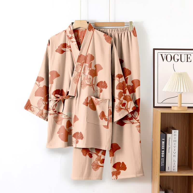 Grand pyjama kimono en coton avec feuilles de ginkgo - Beige et rose - XL - image 12
