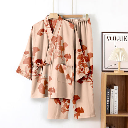 Grand pyjama kimono en coton avec feuilles de ginkgo - Beige et rose - XL - image 12