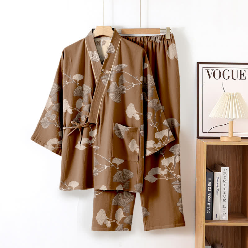 Grand pyjama kimono en coton avec feuilles de ginkgo - Brun - XL - image 14
