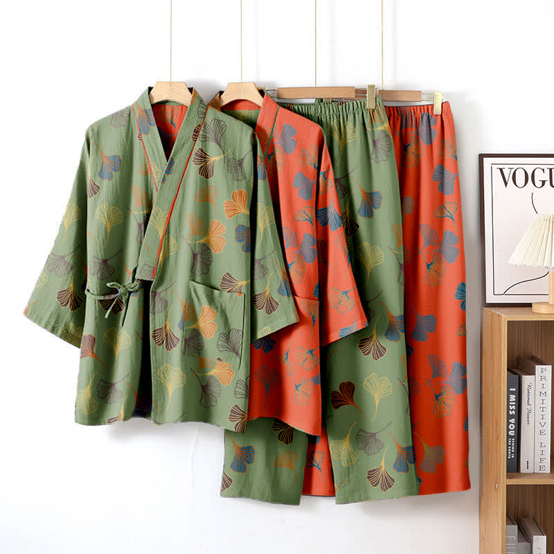 Ensemble kimono loungewear Ginkgo en gaze de coton - image 2