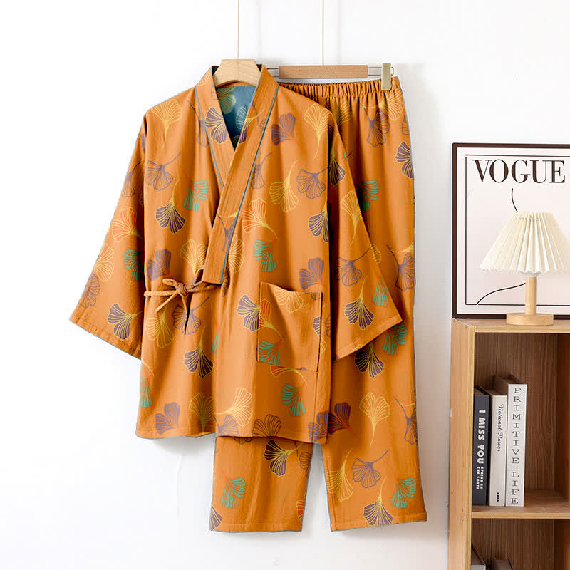 Ensemble kimono loungewear Ginkgo en gaze de coton - Orange - XL - image 9