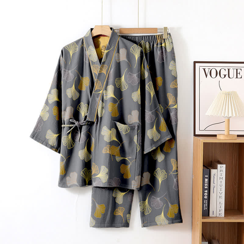 Ensemble kimono loungewear Ginkgo en gaze de coton - gris foncé - XL - image 27