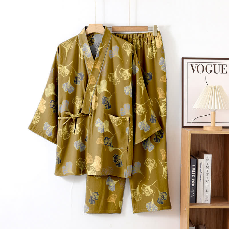 Ensemble kimono Ginkgo en gaze de coton - jaune foncé - XL - image 21