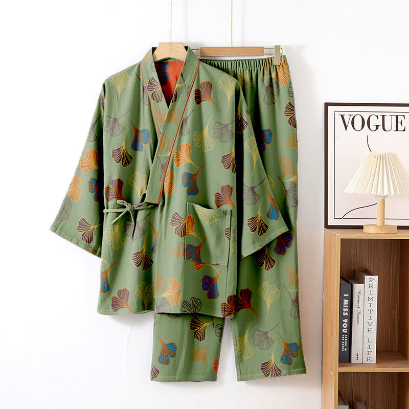 Ensemble kimono loungewear Ginkgo en gaze de coton - Vert - XL - image 12