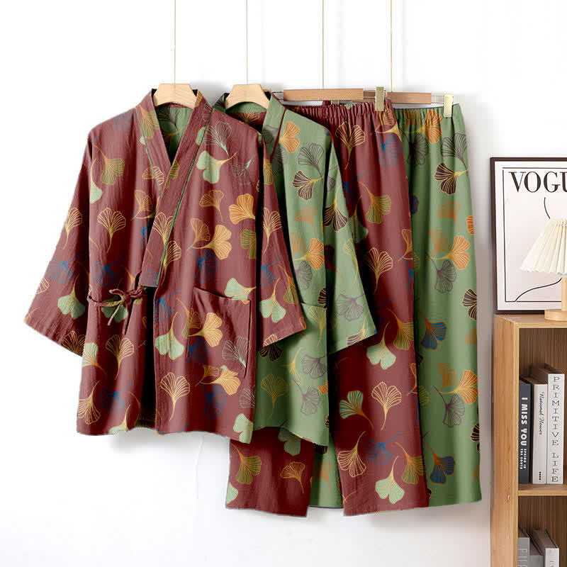 Ensemble kimono loungewear Ginkgo en gaze de coton - image 5