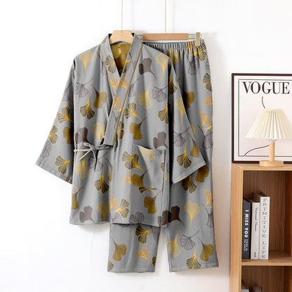 Ensemble kimono loungewear Ginkgo en gaze de coton - Gris clair - XL - image 24