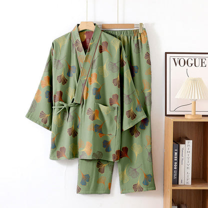 Ensemble kimono loungewear Ginkgo en gaze de coton - Vert et Vin - XL - image 33