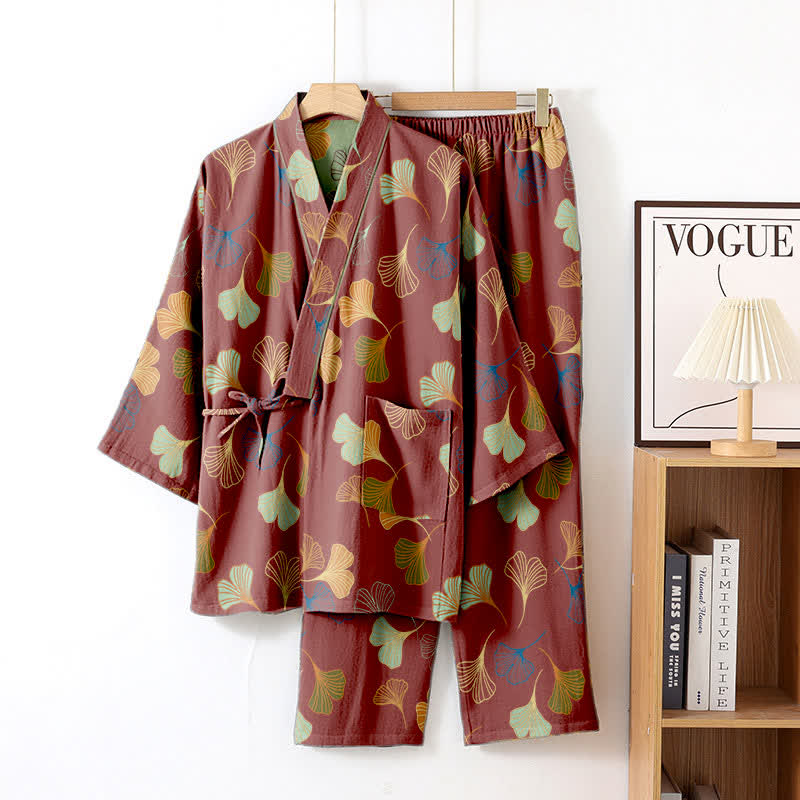 Ensemble kimono loungewear Ginkgo en gaze de coton - Vin - XL - image 30
