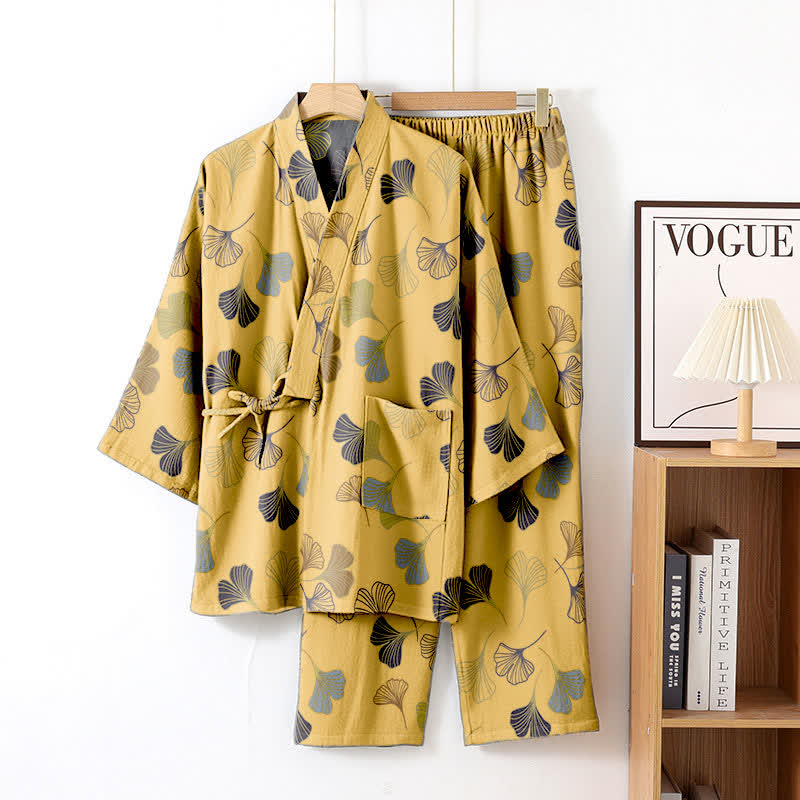 Ensemble kimono Ginkgo en gaze de coton - jaune clair - XL - image 18