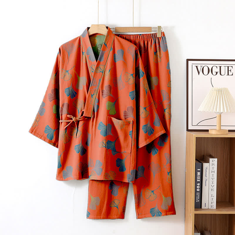 Ensemble kimono loungewear Ginkgo en gaze de coton - Rouge orange - XL - image 15