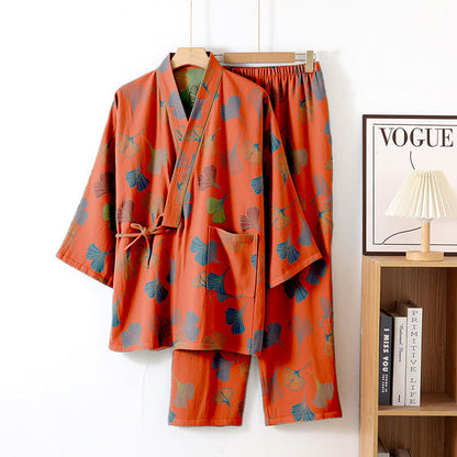 Ensemble kimono loungewear Ginkgo en gaze de coton - Rouge orange - XL - image 15