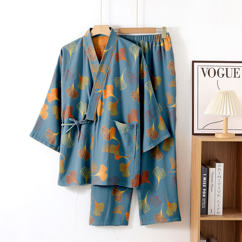 Ensemble kimono Ginkgo en gaze de coton - Bleu - XL - image 5