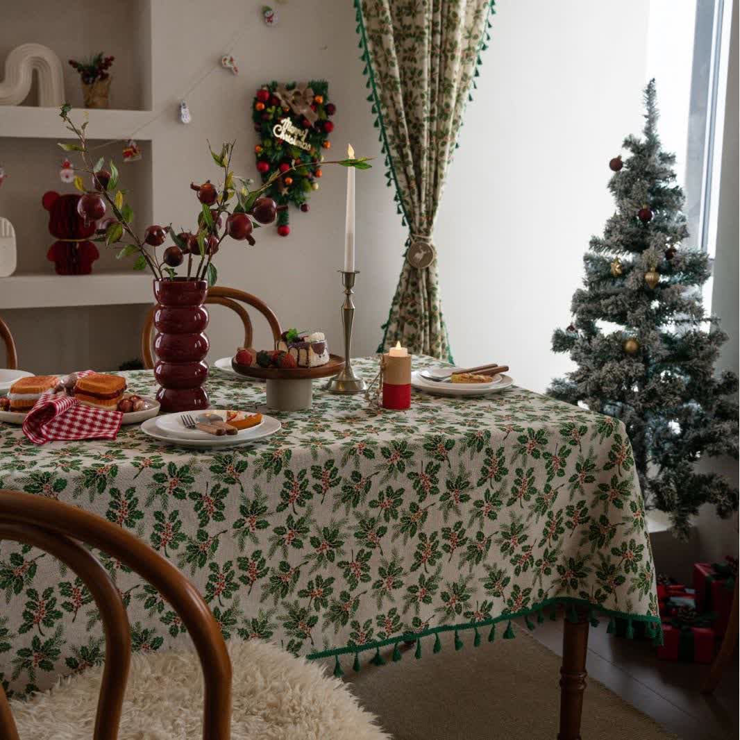 Nappe à imprimé feuilles de houx de Noël - 140cm x 260cm - image 1